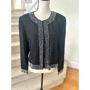 Vintage Old Money Black Silk Faux Pearl Trim Beaded Blazer Evening Jacket